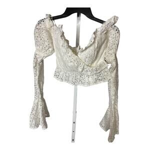 Sabo Luxe Women's Size Small Bell Sleeve Crop Top White Lace Eyelet Zip Up NWT